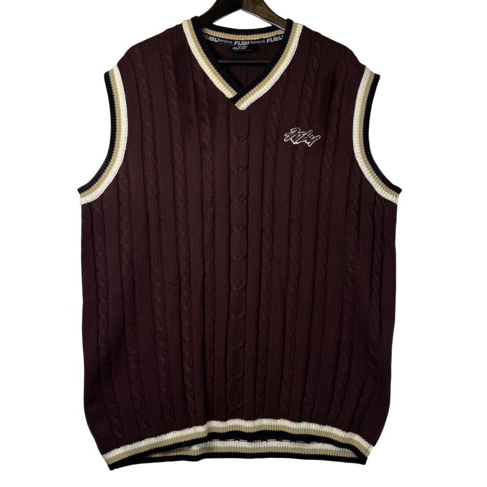 Vintage FUBU Sports Sweater Vest Mens XL Burgundy Cable Knit Striped V-Neck 90s‎
